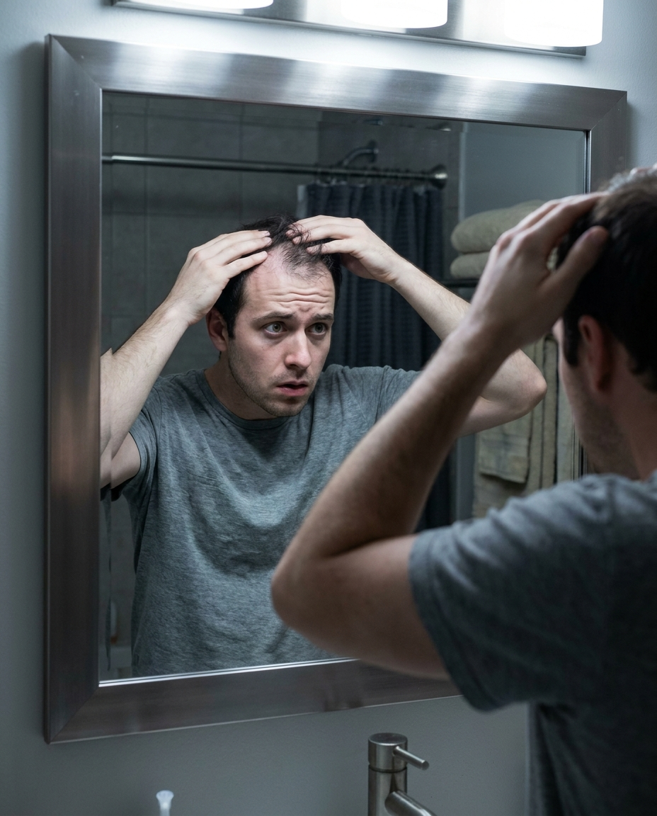 Man examining his thinning hairline in a bathroom mirror
