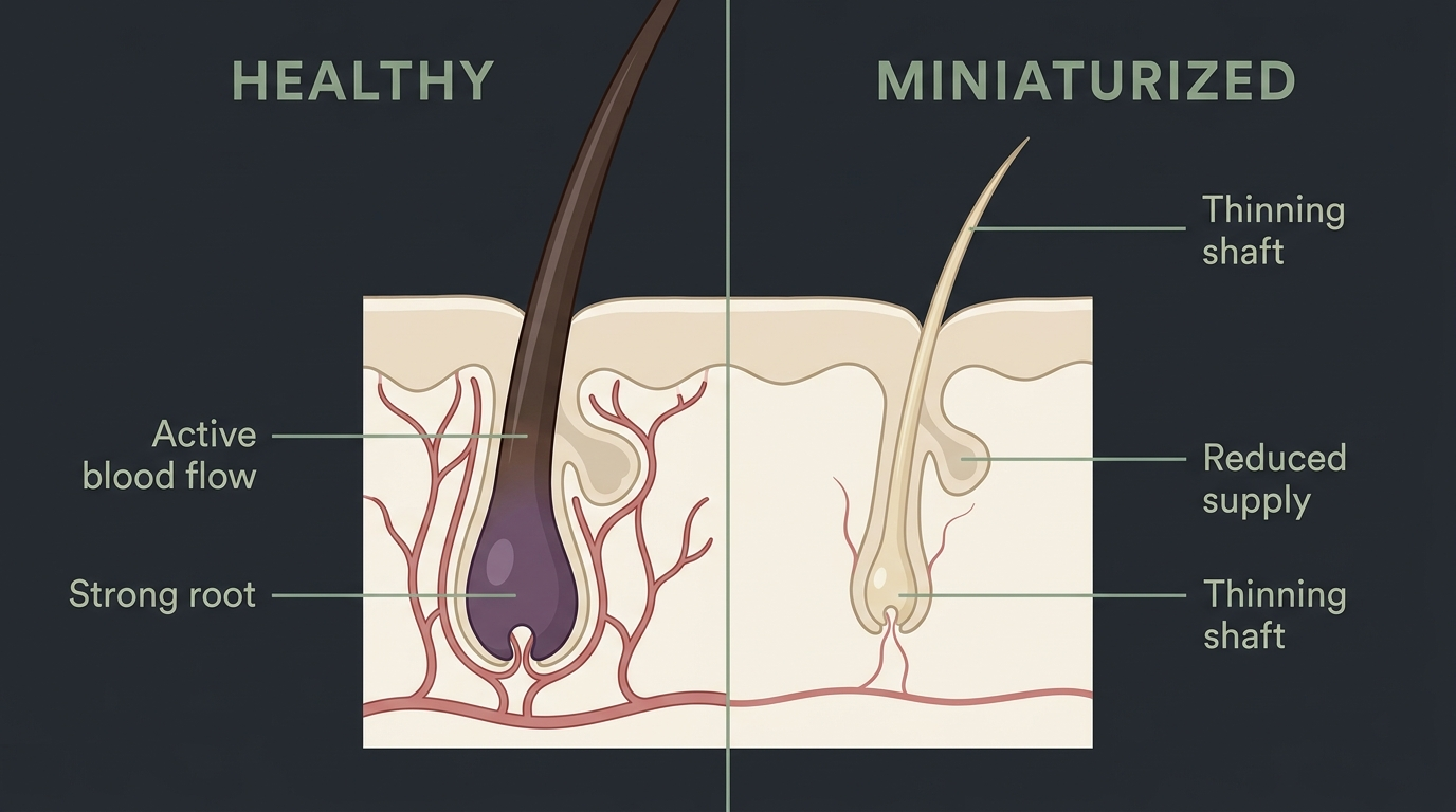 Cross-section diagram showing a healthy hair follicle next to a miniaturized one