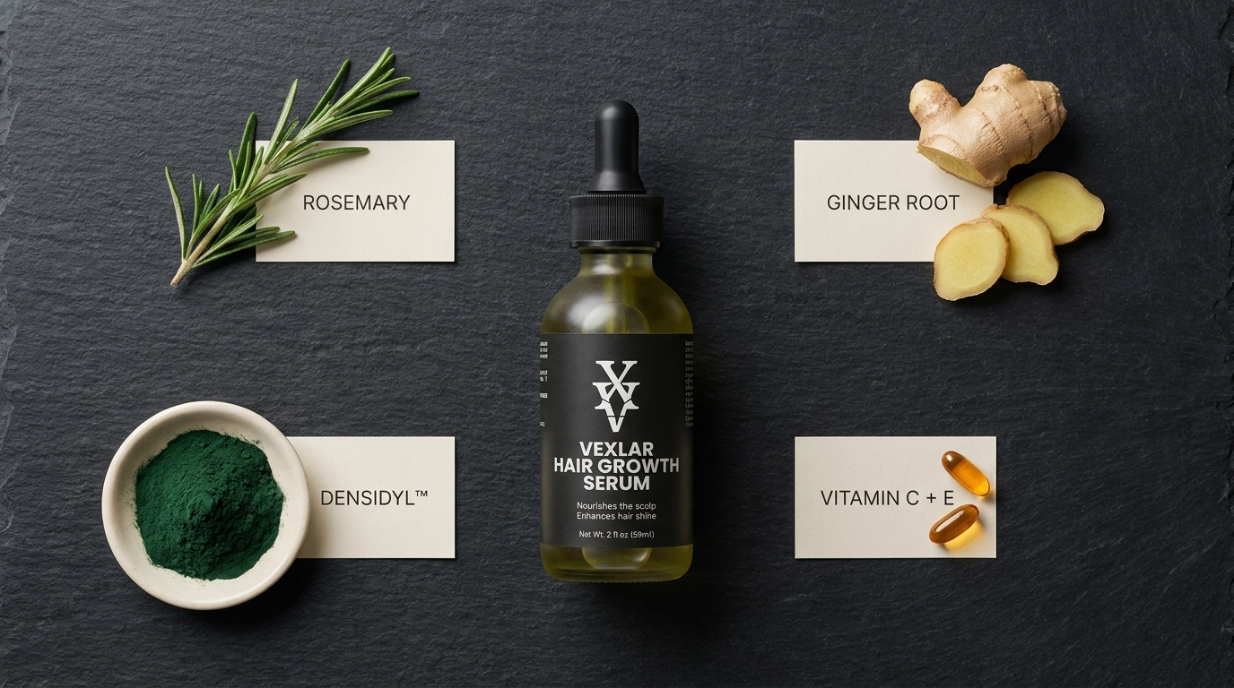 Overhead view of Vexlar bottle surrounded by rosemary, caffeine, copper peptides, and sage extract