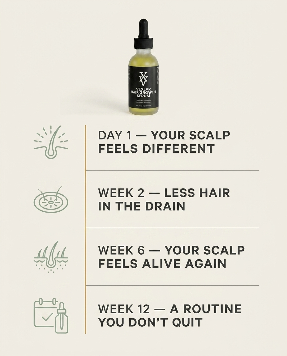 Timeline showing four stages: Day 1 scalp feels different, Week 2 less hair in the drain, Week 6 scalp feels alive again, Week 12 a routine you don't quit